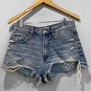 Zara Blue Jean Shorts Distressed Frayed Hem Size 8